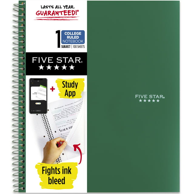 Five Star Wirebound Notebook Plus Study App, 1 Subject, College Ruled, Forest Green (820002CE1-WMT-MOD)