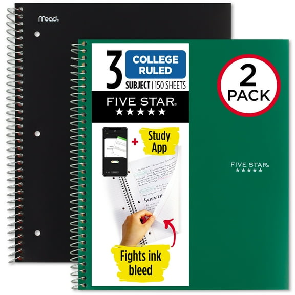 Five Star Spiral Notebook + Study App, 3 Subject, College Ruled, 8.5" x 11", 2 Pack