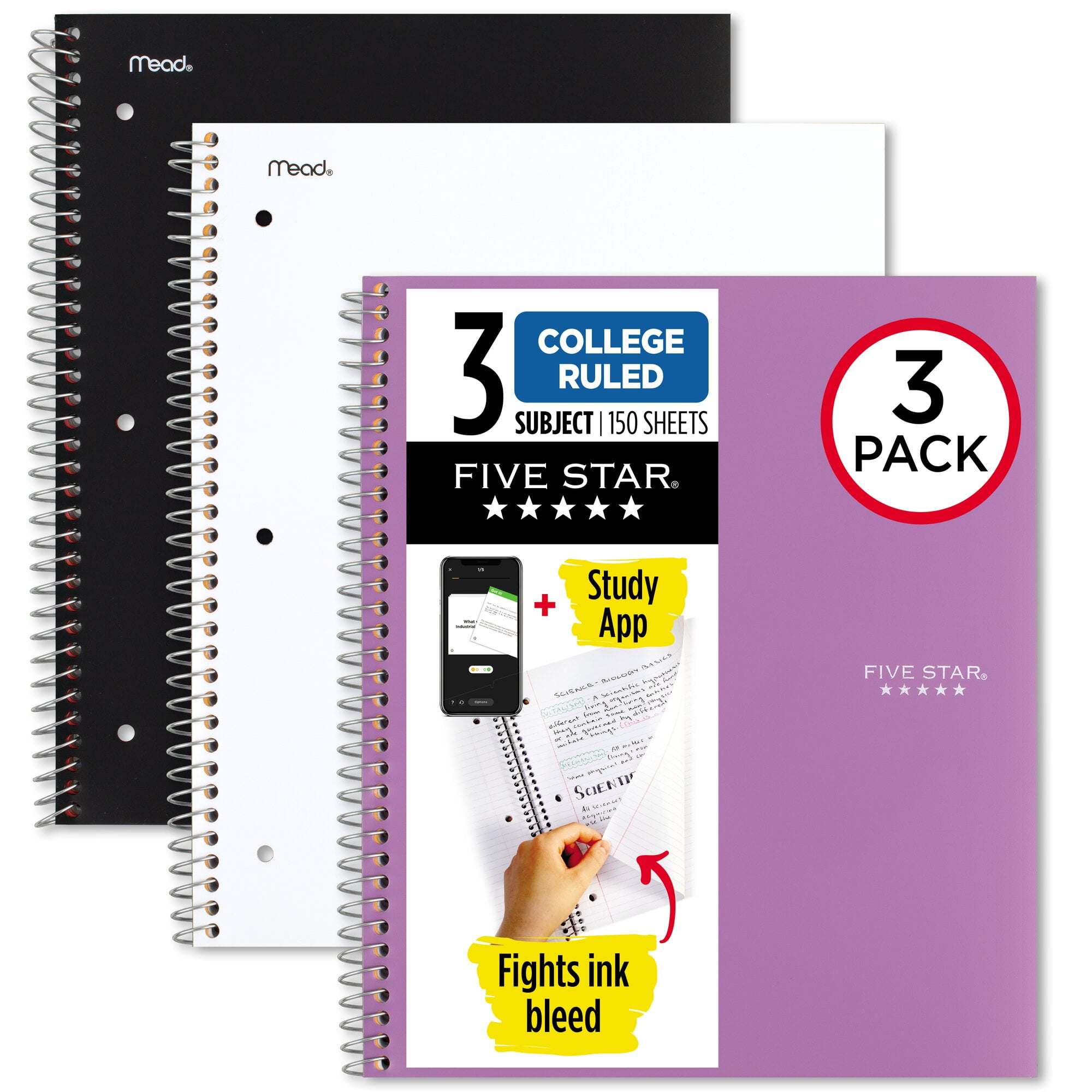 Five Star Spiral Notebook Plus Study App 3 Subject College Ruled 8 12 x 11 3
