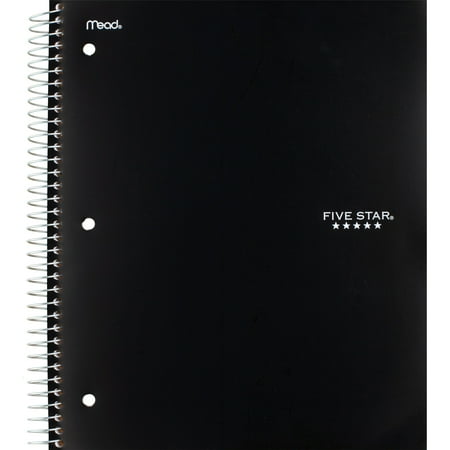 Five Star Spiral Notebook + Study App, 3 Subject, College Ruled, 8.5" x 11", Black