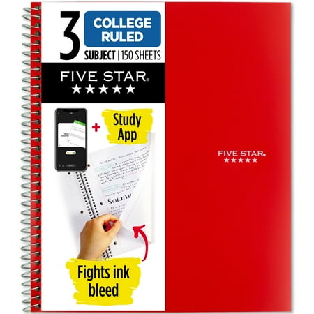 Five Star 3 Subject College Ruled Notebook Plus Study App, 8.5" x 11", Fire Red, Poly, Spiral, 150 Sheets