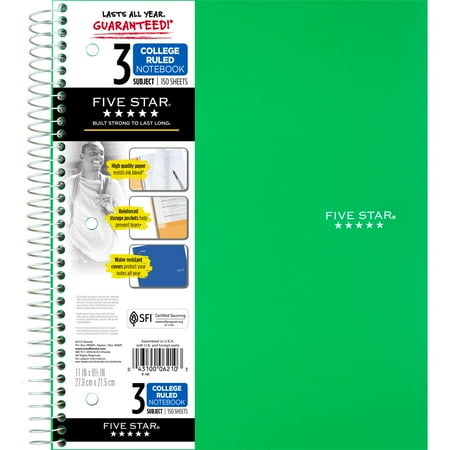 Five Star 3 Subject College Ruled Notebook Plus Study App, 8.5" x 11", Forest Green, Poly, Spiral, 150 Sheets