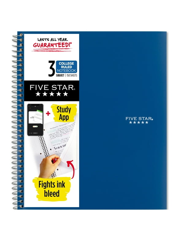 Five Star Wirebound Notebook Plus Study App, 3 Subject, College Ruled, Pacific Blue (820003NH0-WMT-MOD)
