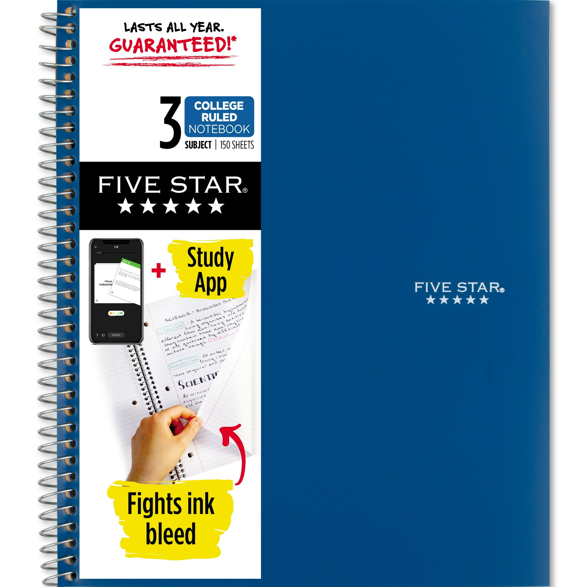 Five Star Wirebound Notebook Plus Study App, 3 Subject, College Ruled, Pacific Blue