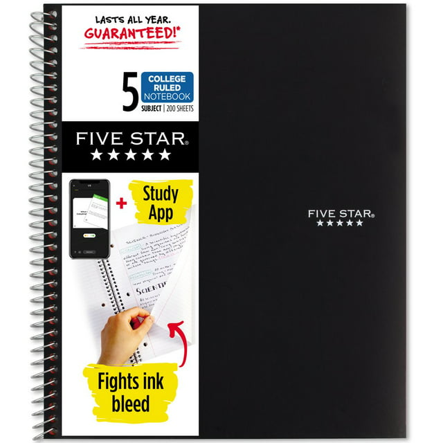 Five Star Wirebound Notebook Plus Study App, 5 Subject, College Ruled, Black (820004A-WMT)