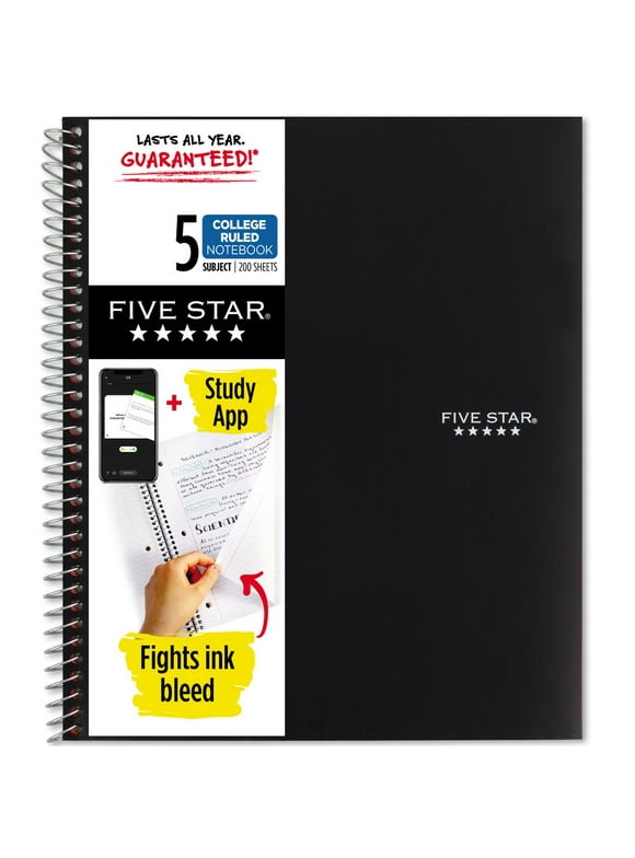 Five Star Wirebound Notebook Plus Study App, 5 Subject, College Ruled, Black (820004A-WMT)