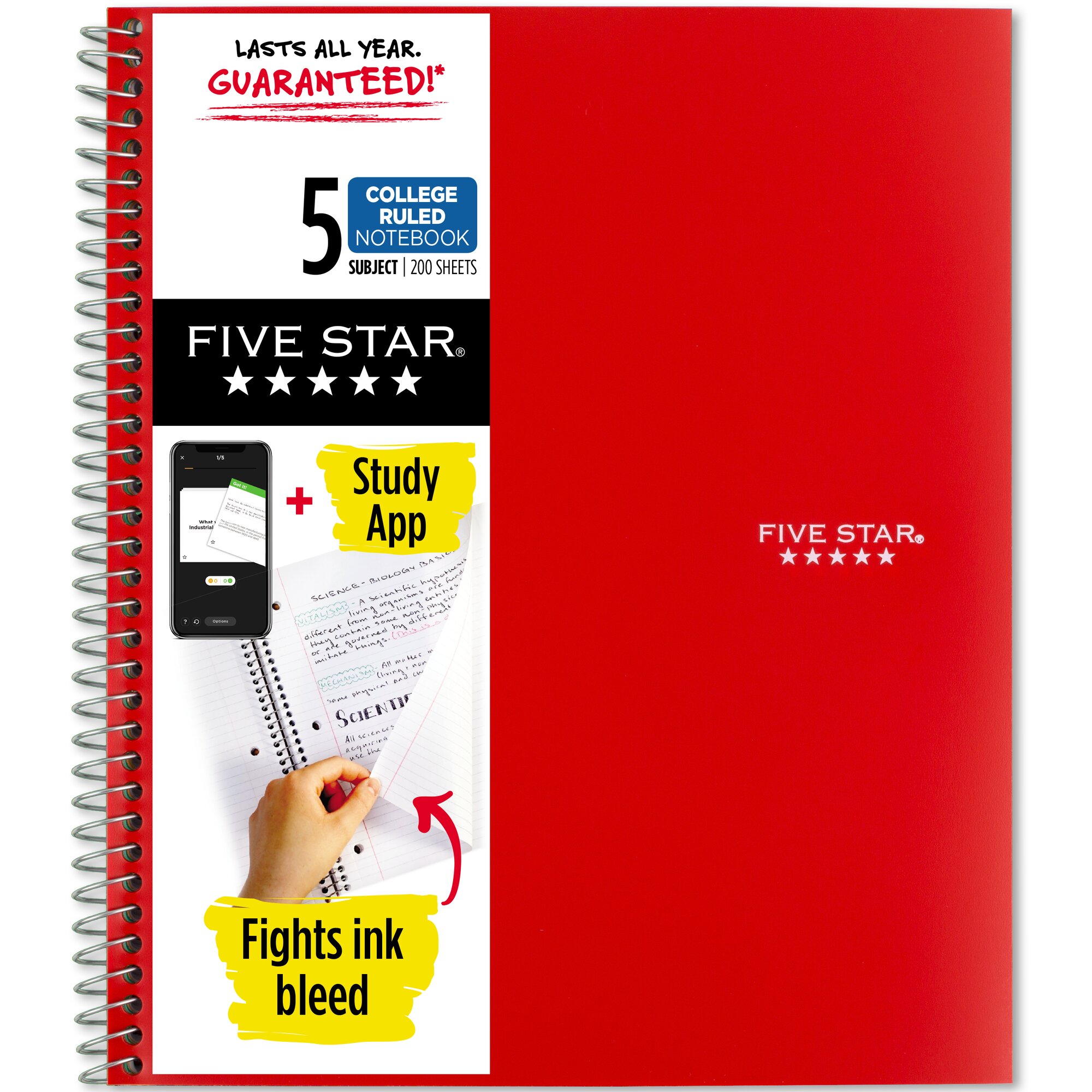 Five Star Wirebound Notebook Plus Study App, 5 Subject, College Ruled, Fire Red (820004CK1-WMT) - image 1 of 9