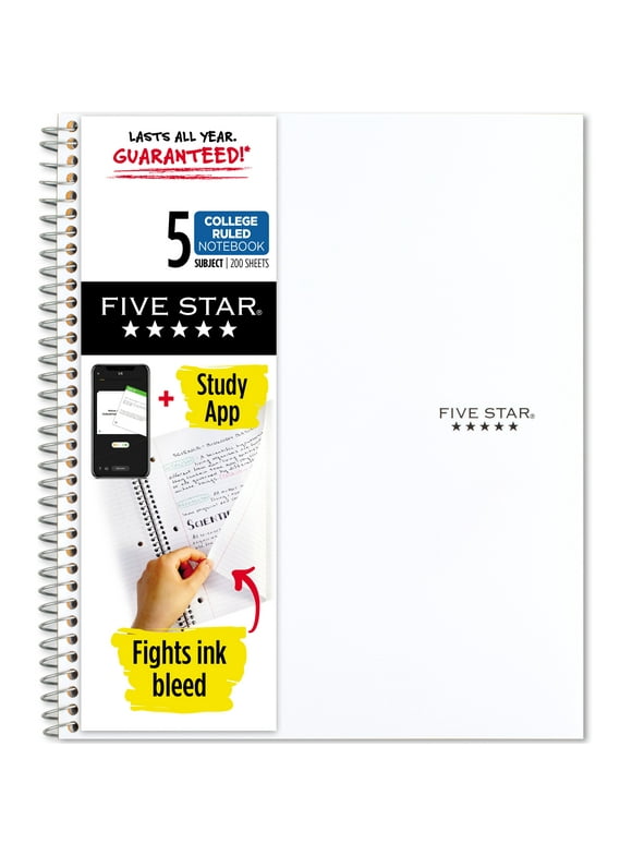 Five Star Wirebound Notebook Plus Study App, 5 Subject, College Ruled, White (820004AE2-WMT)