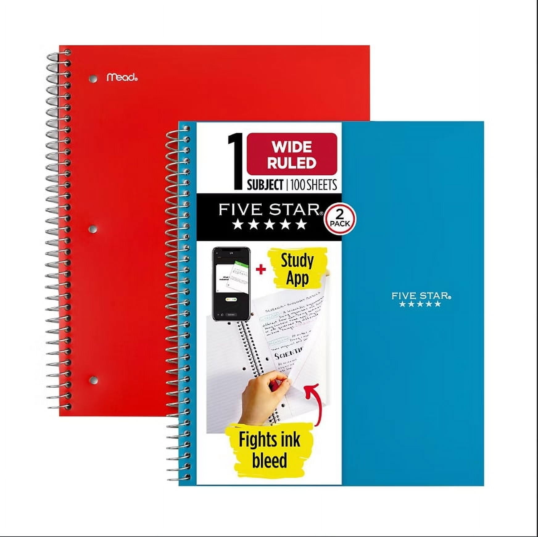 Five Star Wirebound Notebook Plus Study App, Wide Ruled, 2 pk., Blue ...
