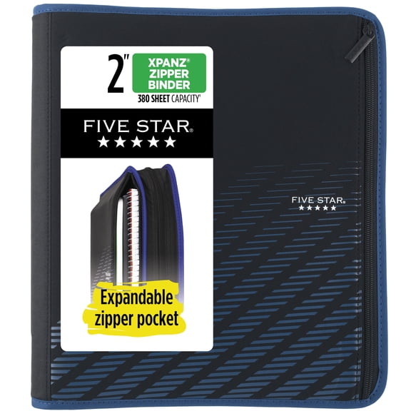 Five Star Xpanz 2" Zipper Binder, Fabric, 380 Sheet Capacity, Round Rings, Blue