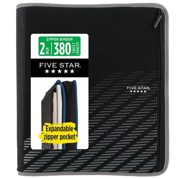Five Star Xpanz Zipper Binder, 2" Round Rings, 380 Sheets, Gray (28090HX9)