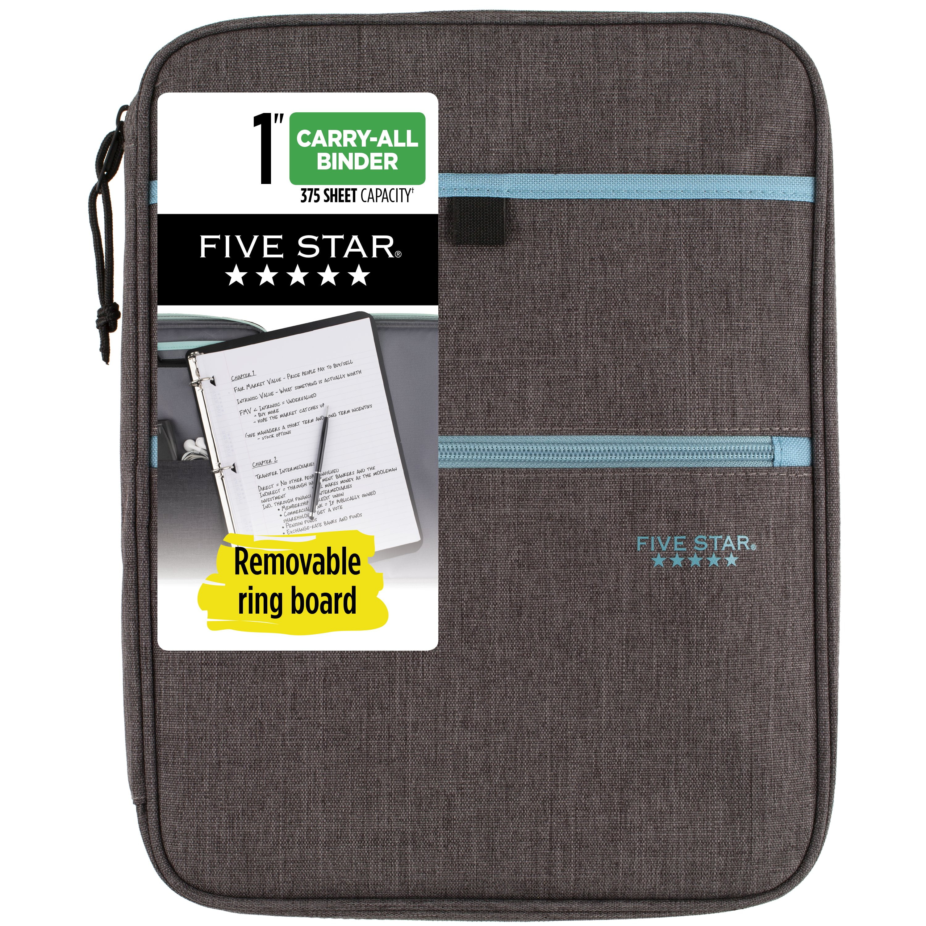 Five Star Zipper Binder, 1 Inch 3-Ring Binder, Carry-All with Internal Pockets and Dividers, Gray/Teal