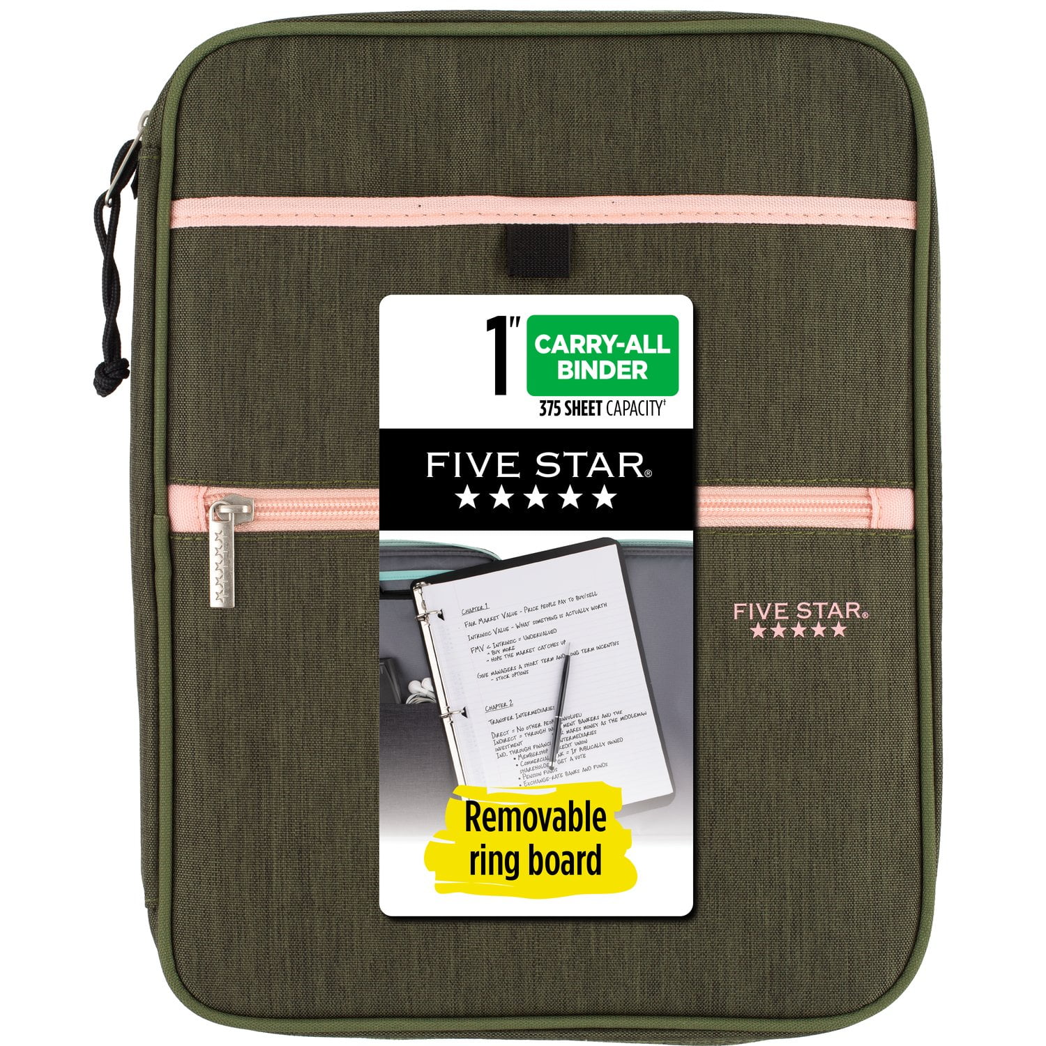 Five Star Zipper Binder, 1 Inch 3-Ring Binder, Carry-All with Internal Pockets and Dividers, Olive/Peach