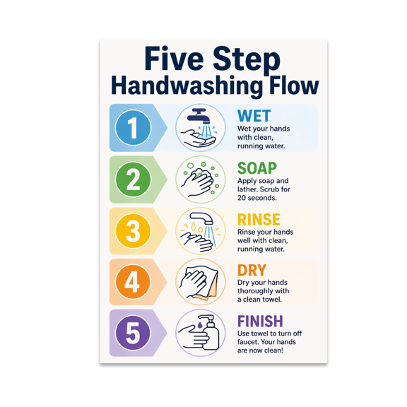 Five Step Handwashing Flow Chart - Hygiene Awareness - 13x19 Poster Print