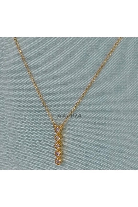 Five Stone Bezel Set Diamond Necklace Pendant for Women, Minimalist Jewelry, 14K Yellow Gold Plated