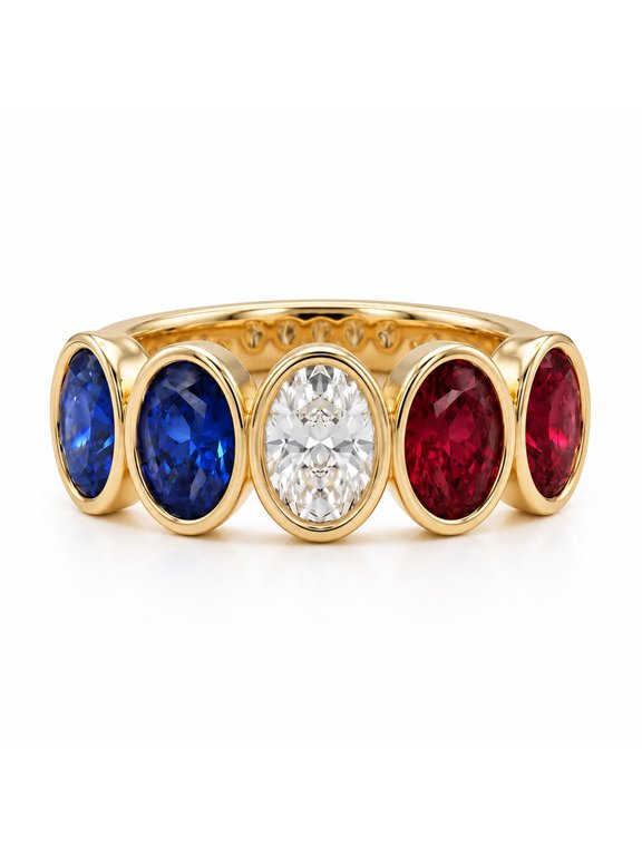 Five Stone Bezel Set Ring, Oval Sapphire and Ruby Ring, Center Oval Stone Diamond Ring, Custom Family Birthstone Band, 925 Sterling Silver Mothers Ring, Half Eternity Band, Anniversary Gift for Wife