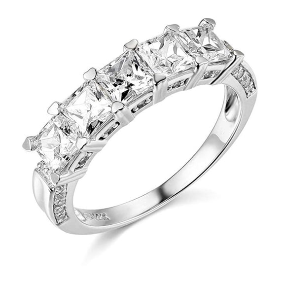 Princess Cut Half Eternity Anniversary Ring, Hidden Halo Ring, 14K White Gold Plated, 2.4 Ct Simulated Diamond, Stackable Ring