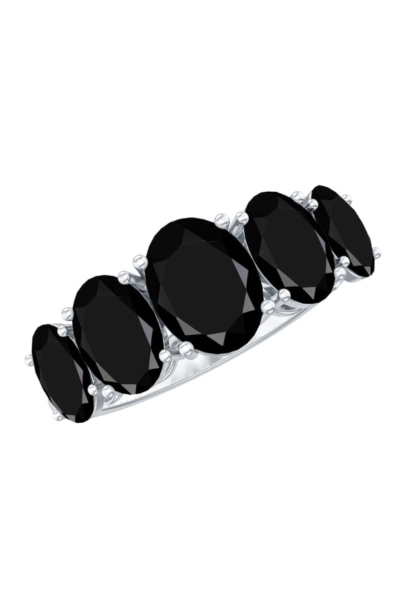Five Stone Ring for Women - Oval Shape Black Onyx Ring - AAA Quality, 14K White Gold, US 5.00