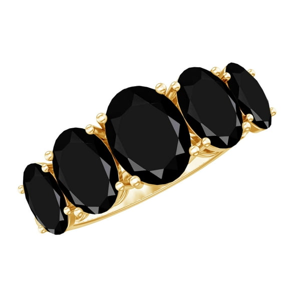 Rosec Jewels Five Stone Ring for Women - Oval Shape Black Onyx Ring - AAA Quality, 14K Yellow Gold, US 4.50