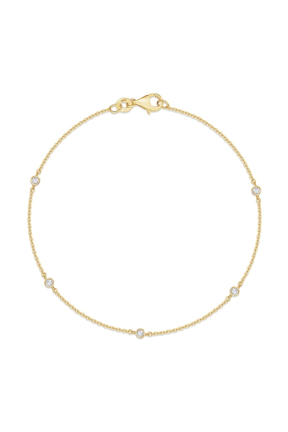 Five Stone Station Link Bracelet for Women | 2MM Round Lab Created Moissanite Bezel Set Cable Link Chain Bracelets | 14K Yellow Gold Over Sterling Silver (0.15Ctw)-7.5 Inch