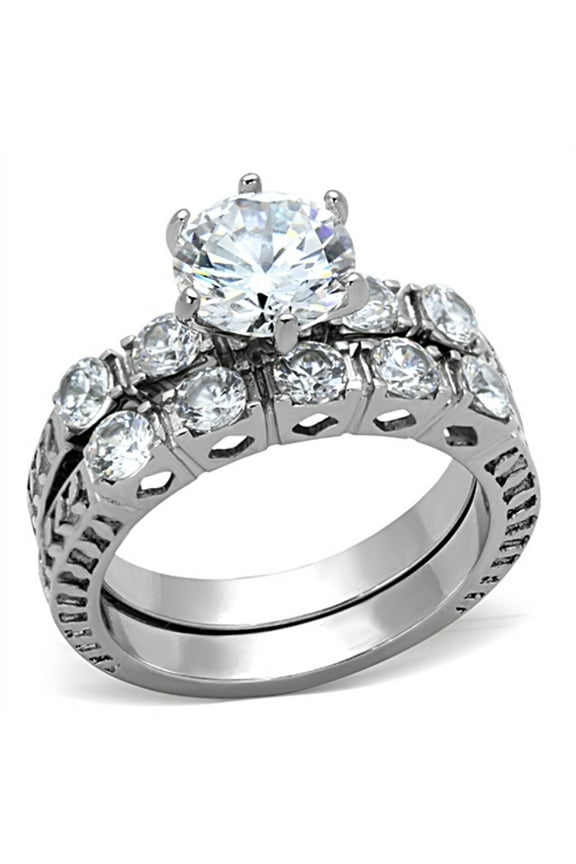 Five Stone Type 8x8mm Round CZ Stainless Steel Womens Engagement 2 Rings Set - Size 8