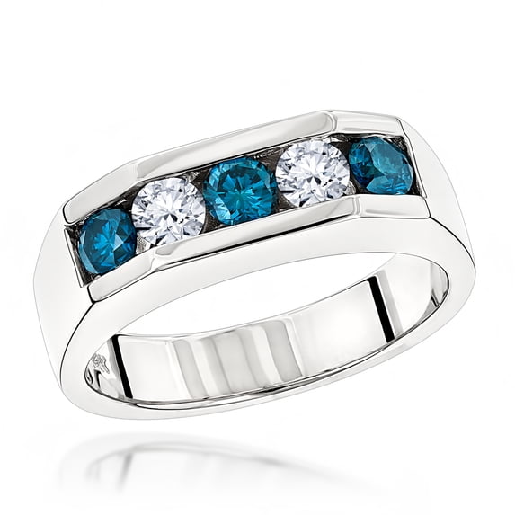 Five Stone White Blue Natural 1 Ctw Diamonds Ring 14K Mens Jewelry (White Gold Size 7.5)