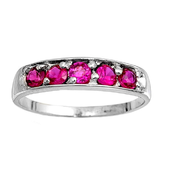 Five Stones Round Center Simulated Ruby Cubic Zirconia Petite Rings Sterling Silver 925