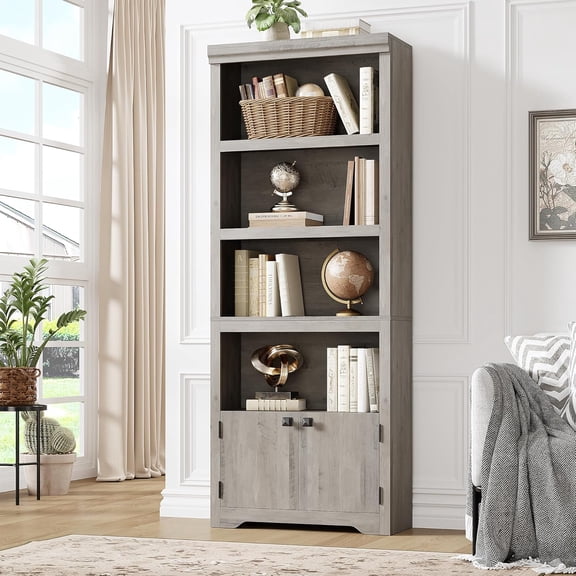 Five Tier Bookshelf 69 Inch Tall Farmhouse Bookcase With Two Doors Adjustable Shelves Open Display Storage Gray