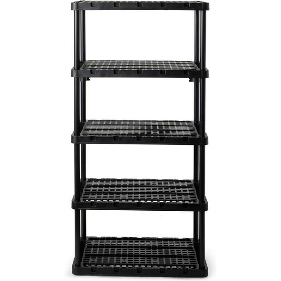 Five-Tier Plastic Storage Shelf, Heavy-Duty Garage Shelving, Black - Vertical Storage Rack for Kitchen, Bathroom, and Laundry Room