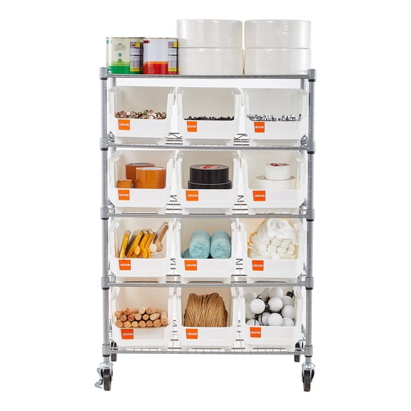 Five Tier Rolling Storage Rack with 12 Boxes Mobile Wire Mesh Tool Organizer for Garage Warehouse Office Kitchen