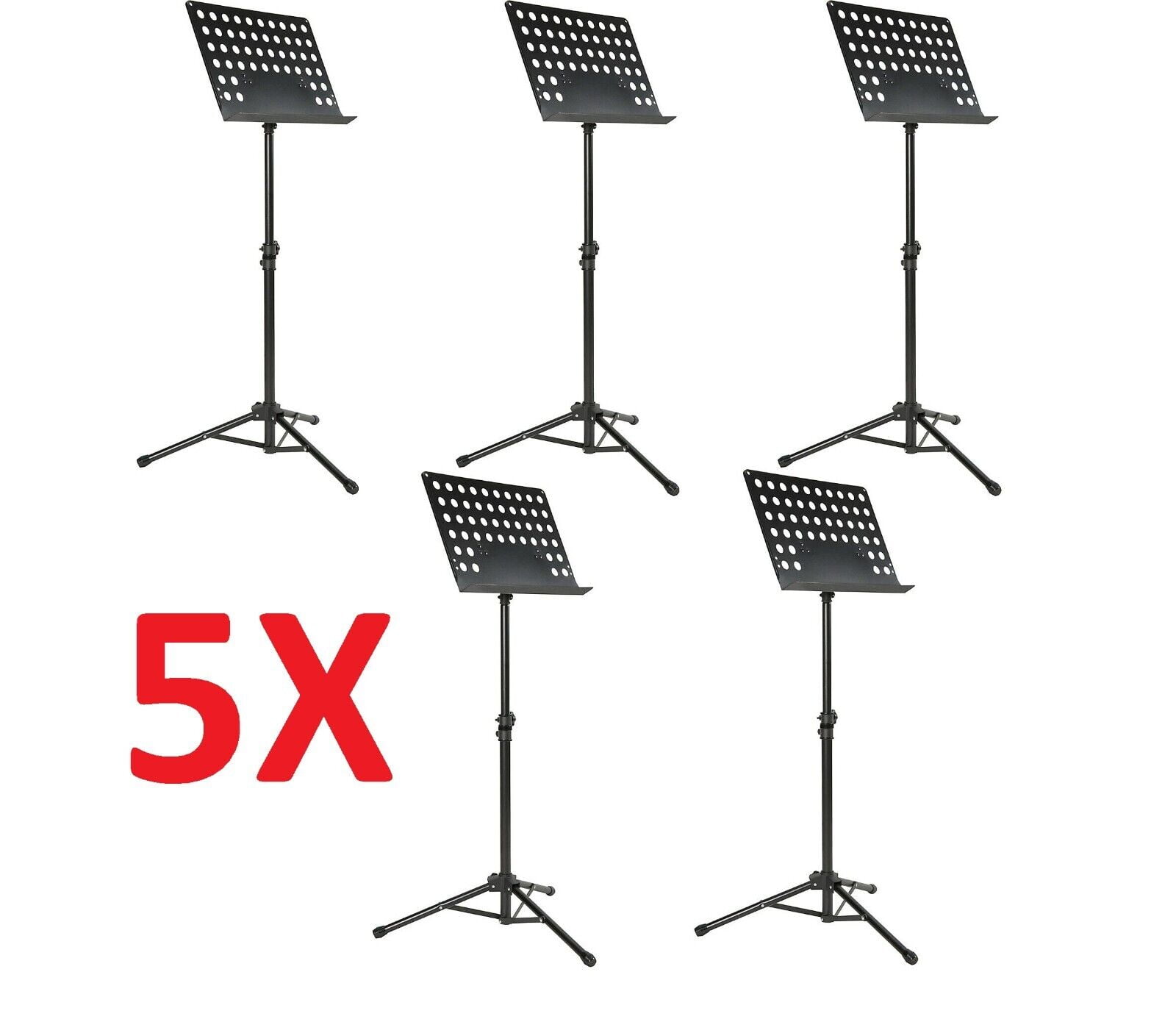 Five Tripod Orchestral Music Stand Perforated Black Heavy Duty Metal Adjustable