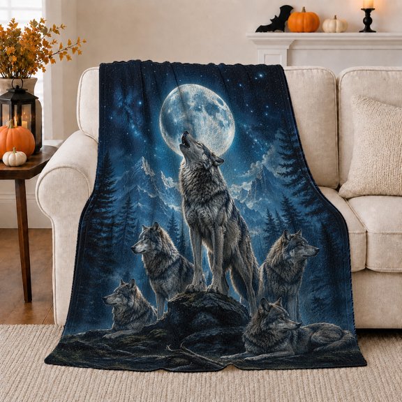 Five Wolves Beneath Full Moon Among Mountains, Cozy Flannel Blanket with Realistic Wildlife Illustration Print, Housewarming Gift for Wolf Pack Enthusiasts, Home Decor for Bedroom and Living Room