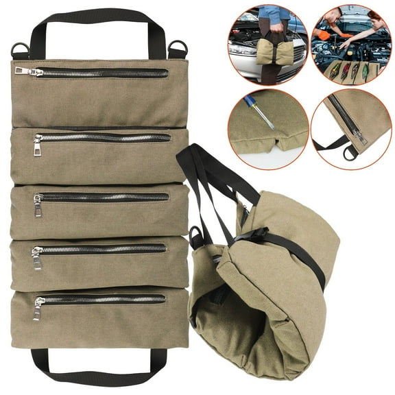 Five Zipper Pockets Roll Up Tool Bag Multi-Purpose Tool Roll Up Bag(Khaki)