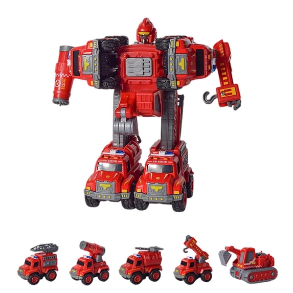Five-in-One Dinosaur Construction Vehicle Set: Pull-Back Toys with Interchangeable Parts for Kids, Excavator, Bulldozer, Fire Engine, Tank, and Robot Assembly