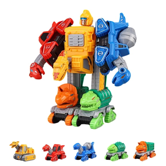 Five-in-One Dinosaur Construction Vehicle Set: Pull-Back Toys with Interchangeable Parts for Kids, Excavator, Bulldozer, Fire Engine, Tank, and Robot Assembly