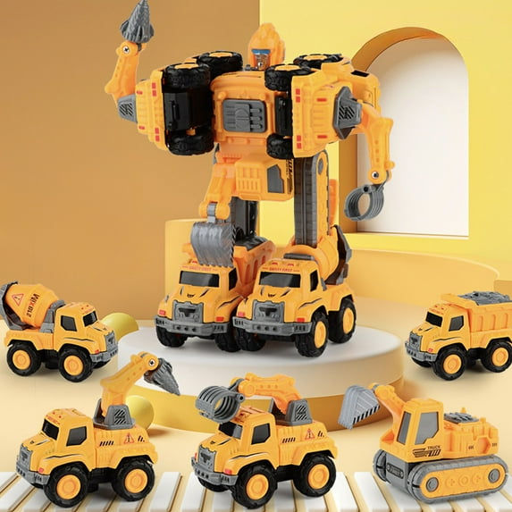 Five-in-One Dinosaur Engineering Vehicle, Transforming Puzzle Toy, Excavator, Bulldozer, and Fire Truck, Robot Combination Toy for Boys, Interactive Construction Play Vehicles