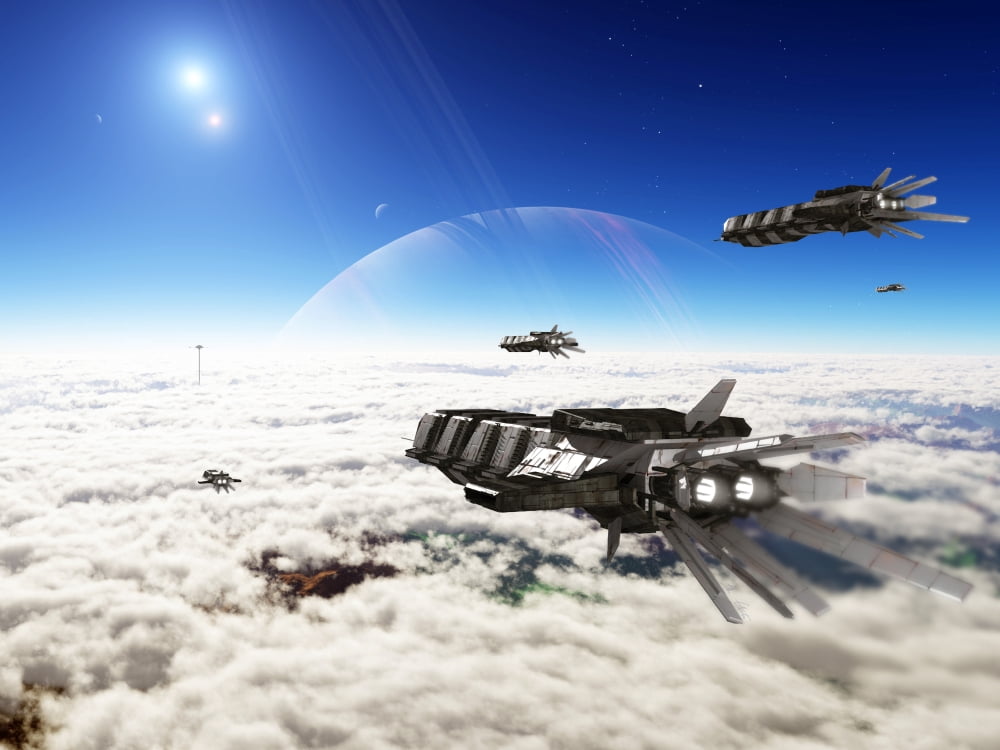 Five medium freighters deccelerate near their destination Canvas Art - Brian ChristensenStocktrek Images (32 x 24)