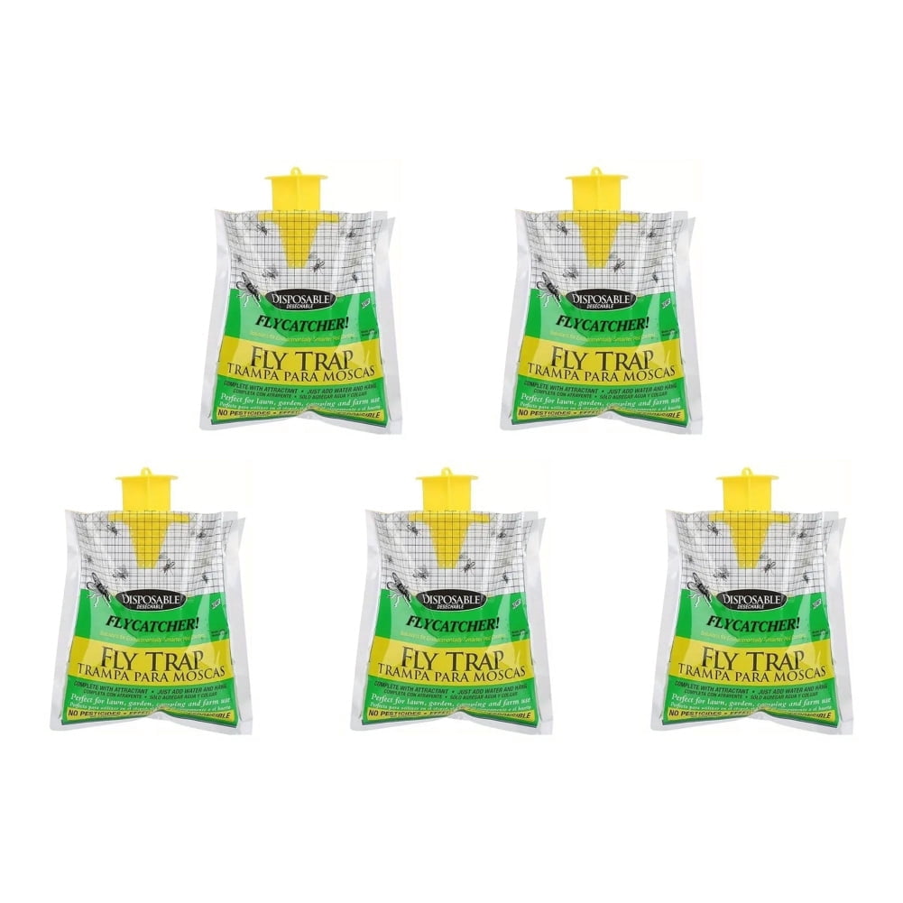 Five-pack of hanging disposable fly traps, mosquito baits, suitable for indoor and outdoor use, prevent flies and insects, say goodbye to mosquito and fly nuisance.