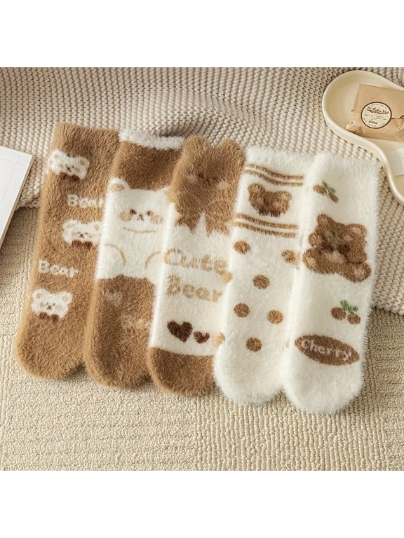Five pairs of women's mid-calf socks - featuring plush fleece lining for warmth and comfort, adorable bear and cherry patterns, comfortable coffee-colored socks for home and sleep, with faux fur trim