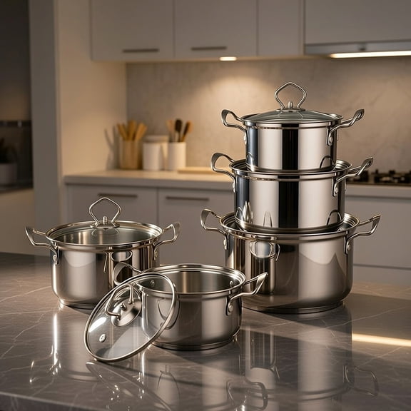 Five sets Stainless Steel Cookware Set with Glass Lids, Induction Compatible, Dishwasher & Oven Safe Pots and Pans Set, Silver