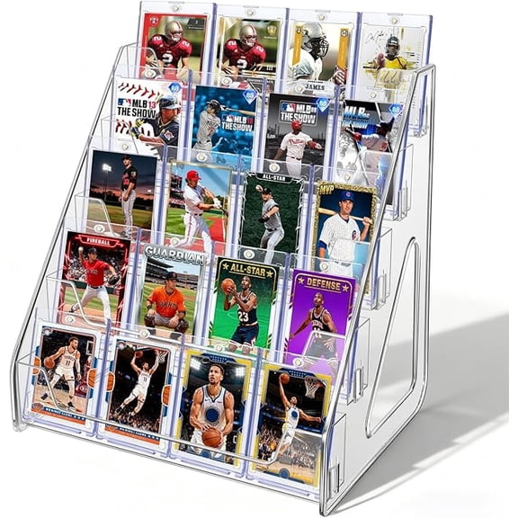 Five-tier exchangeable card display rack can display PSA certified cards, baseball cards, basketball cards, and the transparent shelves can also be used to display greeting cards, bookmarks, stic