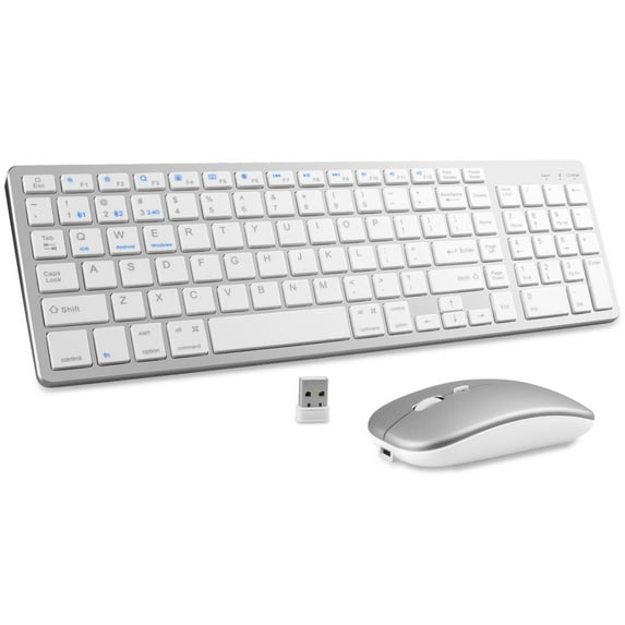 102 Keys Wireless Keyboard and Mouse Combo, 2.4G+Bluetooth Dual-Mode Rechargeable Cordless USB Keyboard and Mouse, Silent Keyboard and Mouse with Multimedia Keys for Computer/Laptop/Windows/Mac,White