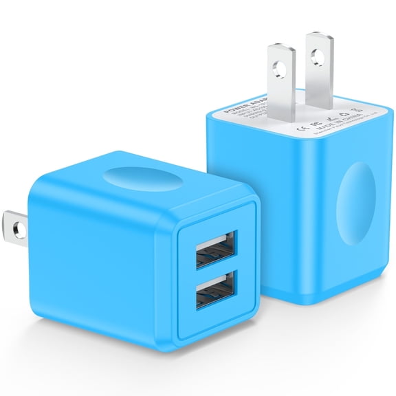 FiveBox 2.1A USB Wall Charger Block, 2 Pack Dual Port USB Charger Adapter Power Plug Fast Charging Station Box Base USB Charger Cube Compatible for iPhone, Samsung, Android, Blue