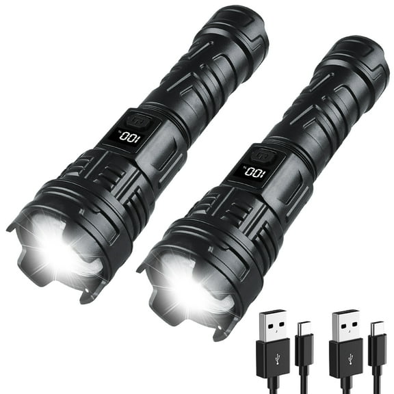 2 Pack Zoomable Rechargeable Flashlights, 1500 Lumens Super Bright Handheld Flashlight Torch with Power Display&IPX5 Waterproof,3 Modes Pocket Flash Light for Outdoor Camping Hiking Fishing Emergency
