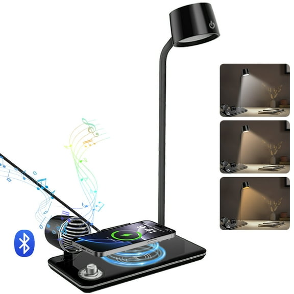 LED Desk Lamp, 4 in 1 Multifunction Table Lamp with Wireless Charger, Bluetooth Speaker Digital Clock, 360° Adjustable Gooseneck Arm with 3 Color Modes Dimmable Lamp for Home Office Bedroom, Black