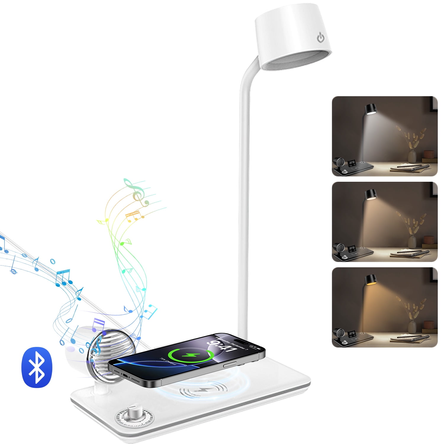 LED Desk Lamp, 4 in 1 Multifunction Table Lamp with Wireless Charger, Bluetooth Speaker Digital Clock, 360° Adjustable Gooseneck Arm with 3 Color Modes Dimmable Lamp for Home Office Bedroom, White