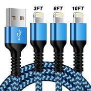 FiveBox iPhone Charger Cable, 3 Pack 3/6/10FT Lightning Cable Nylon Braided Fast Charging Cord High Speed Data Sync USB Cable Compatible for iPhone 14/13/12/11/X/Max/8/7/6/5/SE/Plus/iPad(Blue)