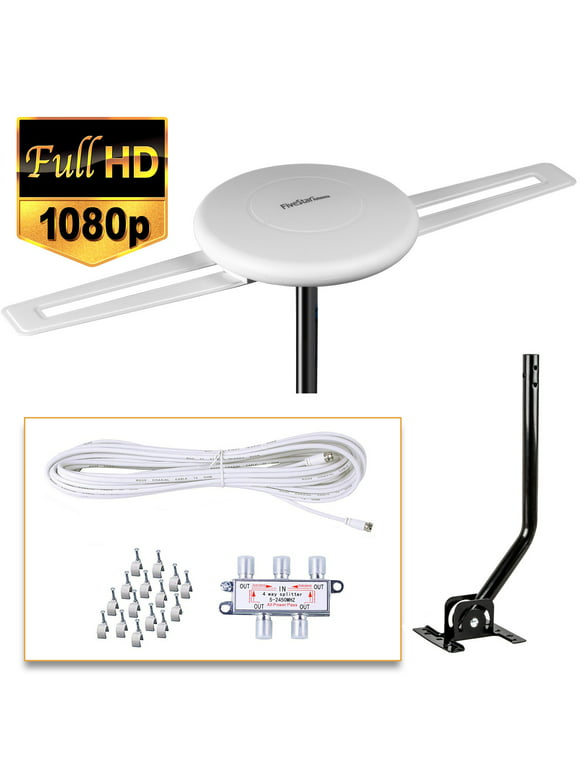 FiveStar Indoor Outdoor Antenna 360° 200 mile 4K 1080P UHF VHF with Installation Kit Support 4 TVs and Mounting Pole