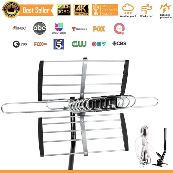 [FiveStar] Outdoor HDTV Antenna with Mounting Pole – 200 Mile Range, 4K/1080p Reception, VHF/UHF Support