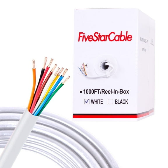 [FiveStarCable] 22-8 Alarm Security Wire 1000ft – White, 22 AWG 8-Conductor Low Voltage Bulk Cable for Security, Alarm, Audio & Control
